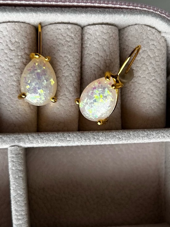 Jewelry - Gold tone Teardrop faux Opal Dangle Earrings - White Iridescent